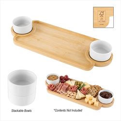 HH75105 Bamboo Serving Tray With Porcelain Bowls And Custom Imprint